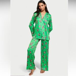 Victoria's Secret Green Floral Satin Elevated Basic Loungewear Pajama Set, XXL